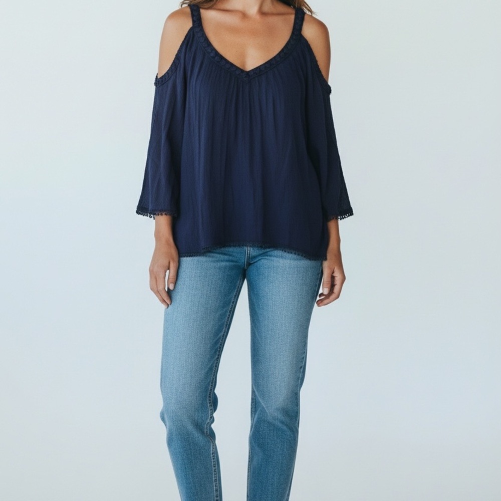 Aqua Navy Blue Cold Shoulder Boho Blouse | Flowy Sheer Top  xs